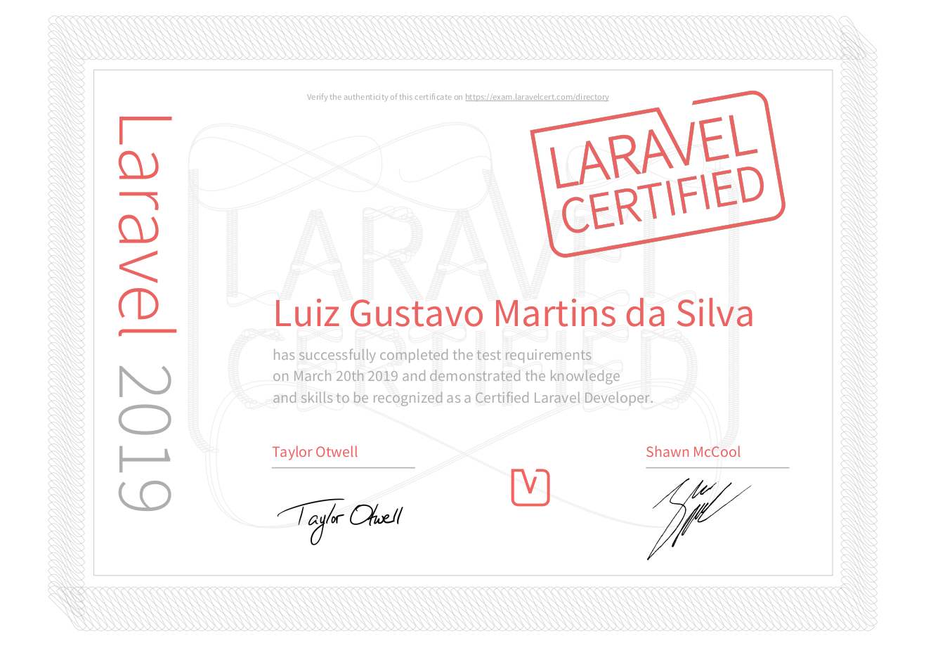 Laravel Certification signed by Taylor Otwell